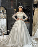 Charming Floor Length Crew Long Sleeves A-Line Satin Wedding Dress with Ruffles-misshow.com