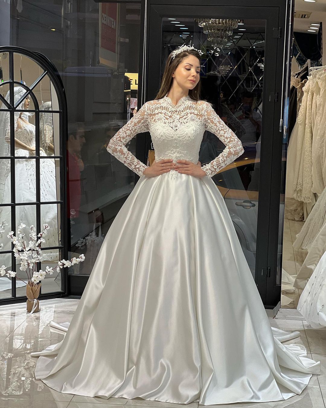 Charming Floor Length Crew Long Sleeves A-Line Satin Wedding Dress with Ruffles-misshow.com