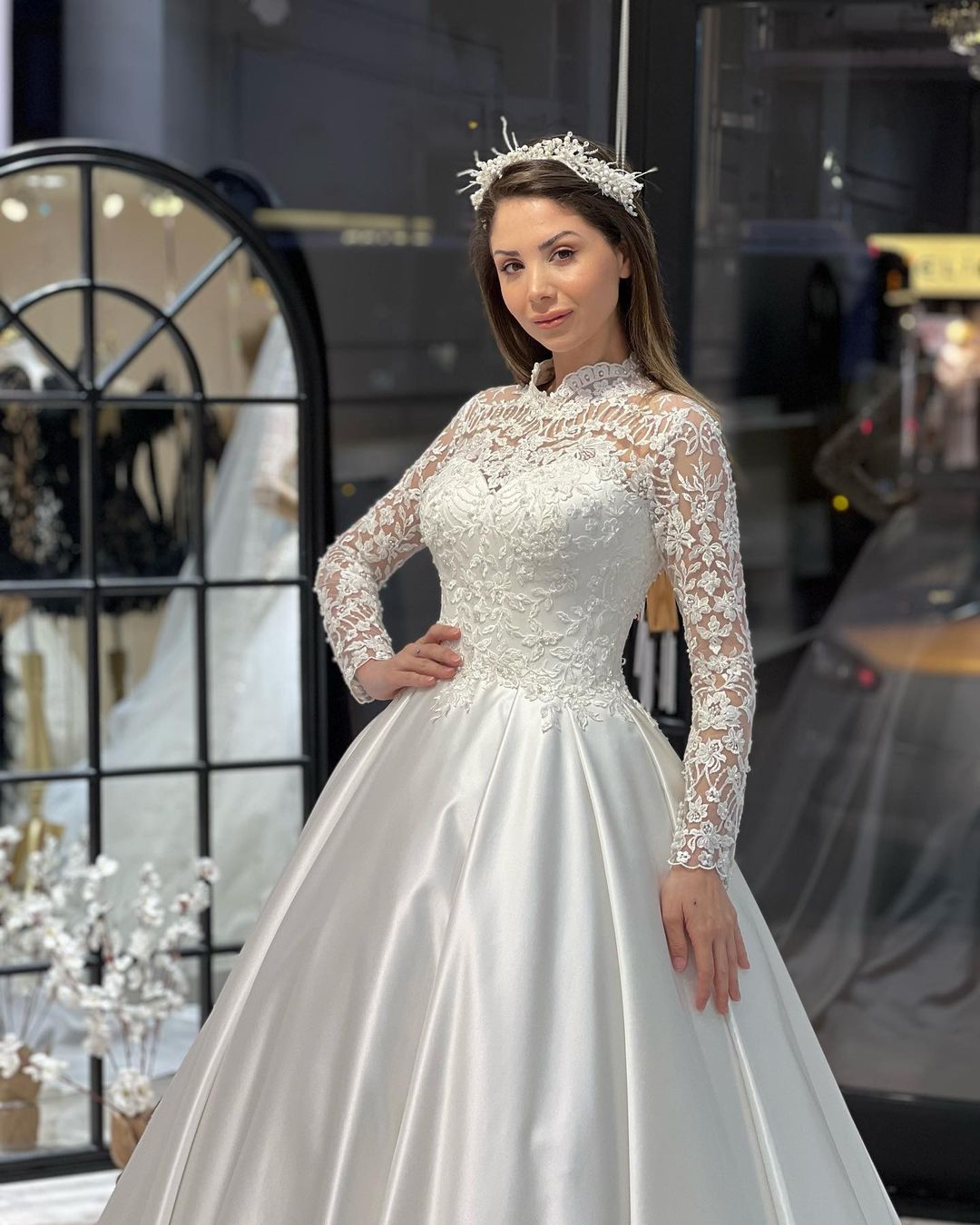 Charming Floor Length Crew Long Sleeves A-Line Satin Wedding Dress with Ruffles-misshow.com