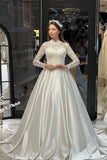 Charming Floor Length Crew Long Sleeves A-Line Satin Wedding Dress with Ruffles-misshow.com