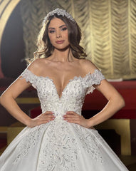 Charming Floor Length Off-The-Shoulder A Line Satin Wedding Dress with Ruffles-misshow.com
