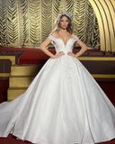 Charming Floor Length Off-The-Shoulder A Line Satin Wedding Dress with Ruffles-misshow.com