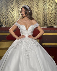 Charming Floor Length Off-The-Shoulder A Line Satin Wedding Dress with Ruffles-misshow.com