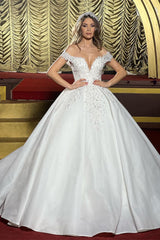 Charming Floor Length Off-The-Shoulder A Line Satin Wedding Dress with Ruffles-misshow.com