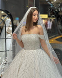 Charming Floor Length Off-The-Shoulder A-Line Sequined Wedding Dress with Court Train-misshow.com