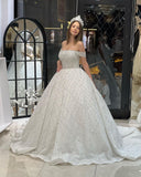 Charming Floor Length Off-The-Shoulder A-Line Sequined Wedding Dress with Court Train-misshow.com