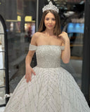 Charming Floor Length Off-The-Shoulder A-Line Sequined Wedding Dress with Court Train-misshow.com