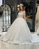 Charming Floor Length Off-The-Shoulder A-Line Sequined Wedding Dress with Court Train-misshow.com