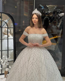 Charming Floor Length Off-The-Shoulder A-Line Sequined Wedding Dress with Court Train-misshow.com