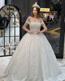 Charming Floor Length Off-The-Shoulder A-Line Sequined Wedding Dress with Court Train-misshow.com