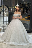 Charming Floor Length Off-The-Shoulder A-Line Sequined Wedding Dress with Court Train-misshow.com