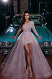 Charming Floor Length One-Shoulder Long Sleeve A-Line Pink Prom Dress with lace-misshow.com