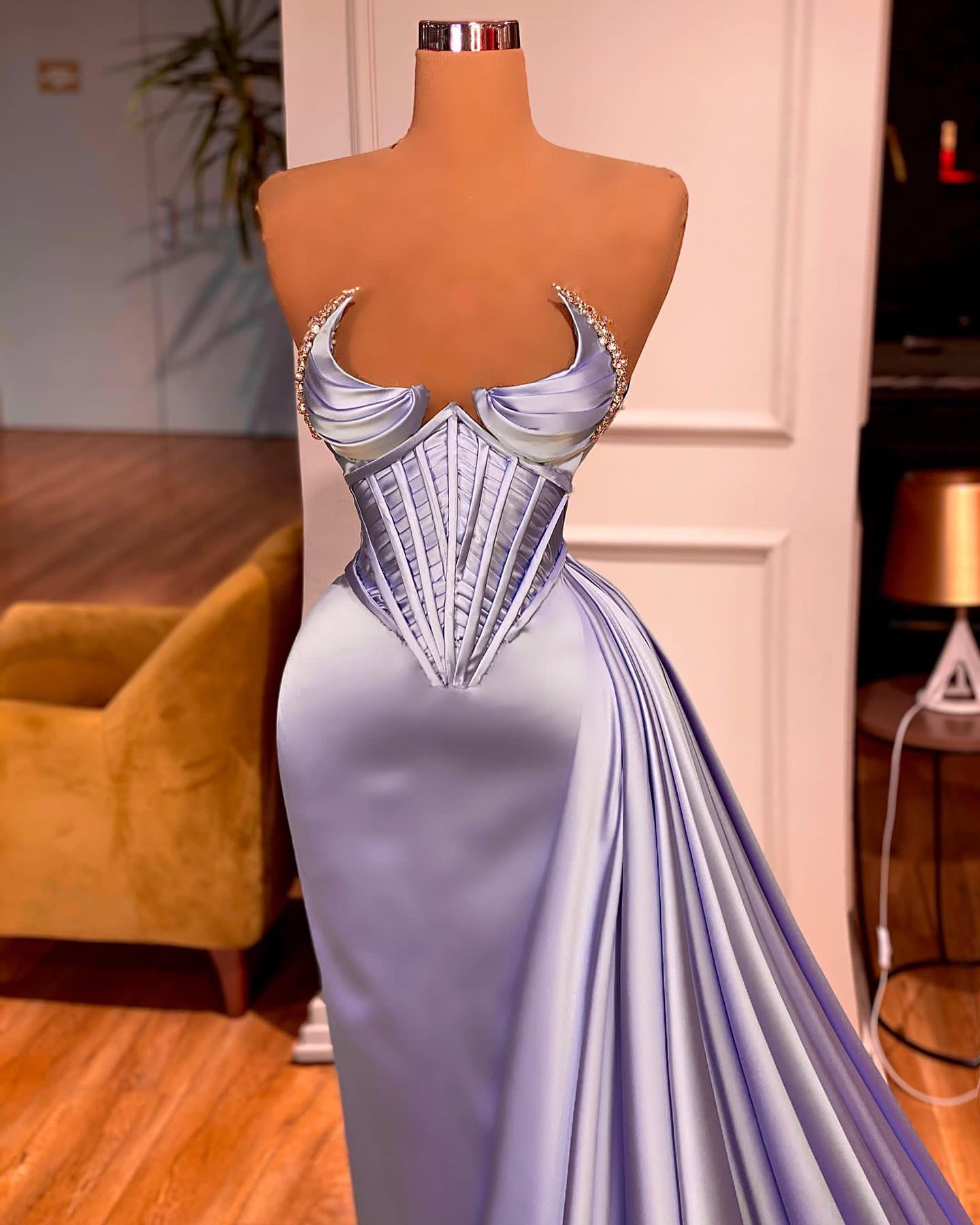 Charming Floor Length Sleeveless Mermaid Satin Prom Dress with Ruffles-misshow.com