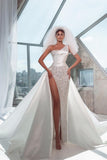 Charming Floor Length Sleeveless One-Shoulder Mermaid Wedding Dress with Split