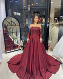 Charming Floor Length Strapless Long Sleeves A-Line Satin Wedding Dress with Ruffles-misshow.com