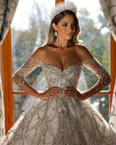 Charming Floor Length Sweetheart Long Sleeves A-Line Lace Wedding Dress-misshow.com