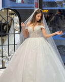 Charming Floor Length Sweetheart Off-The-Shoulder A-Line Lace Wedding Dress with Sequins-misshow.com