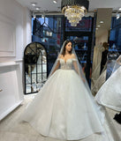 Charming Floor Length Sweetheart Off-The-Shoulder A-Line Lace Wedding Dress with Sequins-misshow.com