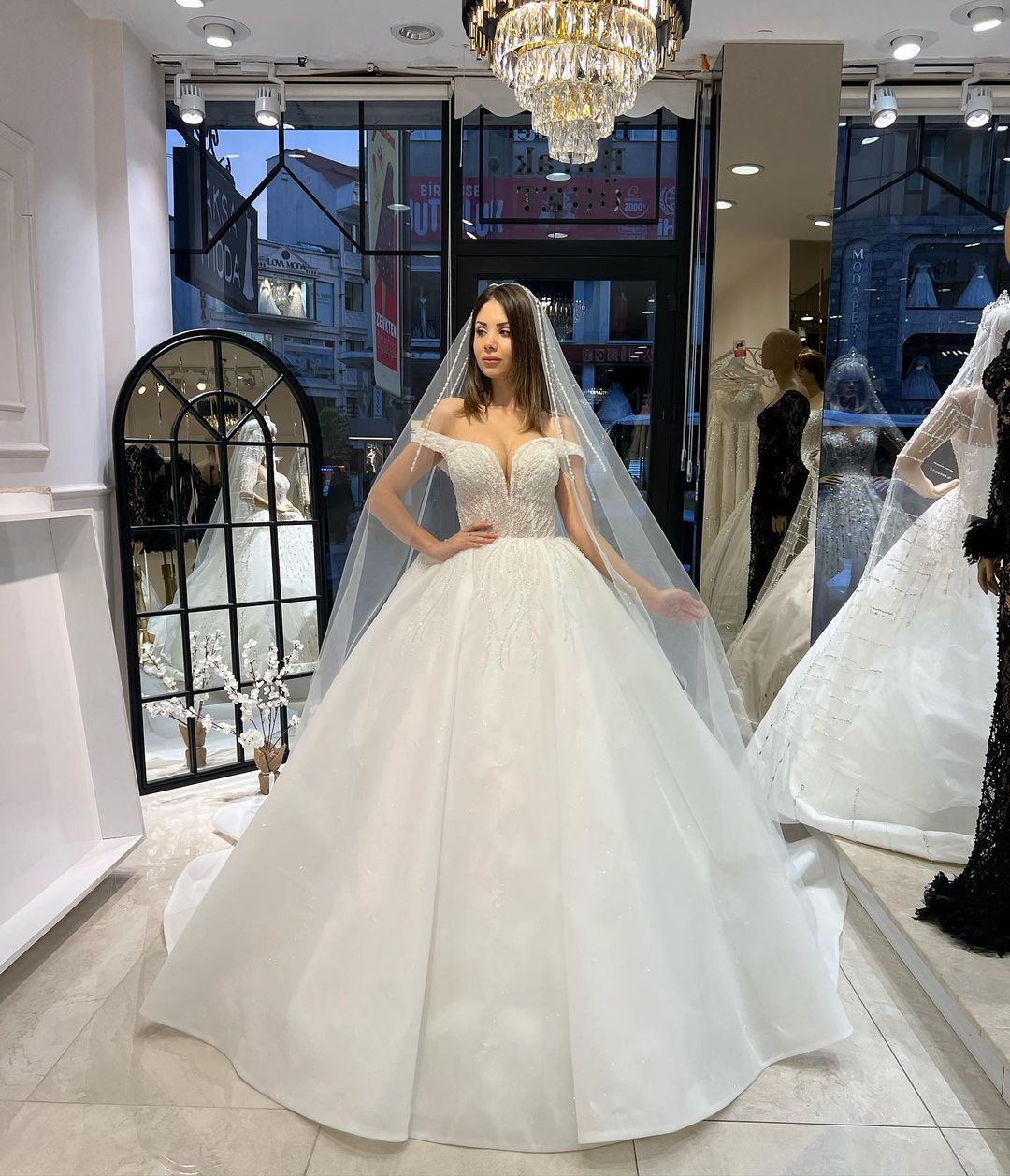 Charming Floor Length Sweetheart Off-The-Shoulder A-Line Lace Wedding Dress with Sequins-misshow.com