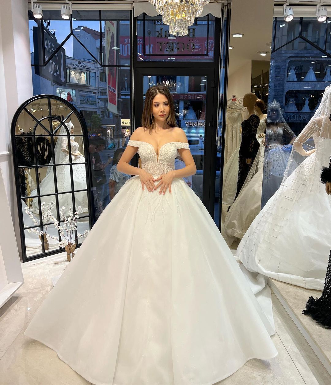 Charming Floor Length Sweetheart Off-The-Shoulder A-Line Lace Wedding Dress with Sequins-misshow.com