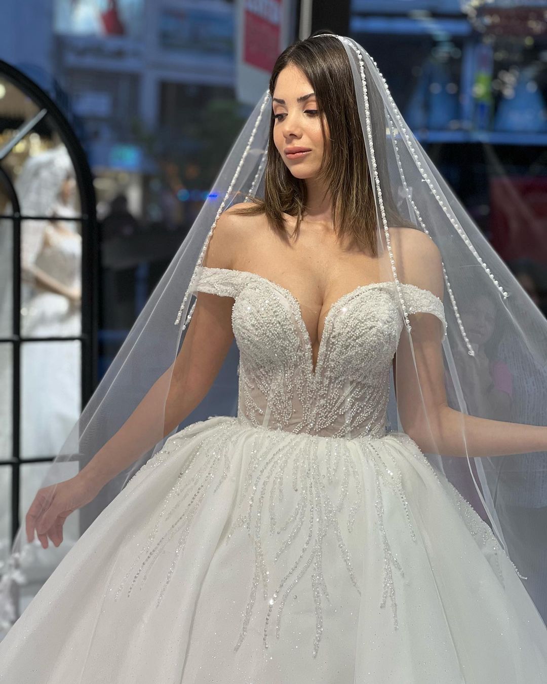 Charming Floor Length Sweetheart Off-The-Shoulder A-Line Lace Wedding Dress with Sequins-misshow.com