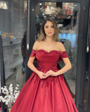 Charming Floor Length Sweetheart Off-The-Shoulder A-Line Satin Wedding Dress with Appliques-misshow.com