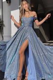 Charming Floor Length Sweetheart Off-The-Shoulder A Line Sequined Prom Dress with Split-misshow.com