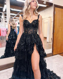 Charming Floor Length Sweetheart Sleeveless A Line Lace Prom Dress with Sweep Train-misshow.com
