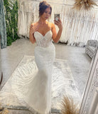 Charming Floor Length Sweetheart Sleeveless Spaghetti Straps Mermaid Wedding Dress with Chapel Train-misshow.com