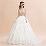 Charming Floral Lace Appliques Wedding Dress Gorgeous White Beads Bridal Gown-misshow.com