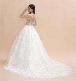 Charming Floral Lace Appliques Wedding Dress Gorgeous White Beads Bridal Gown-misshow.com