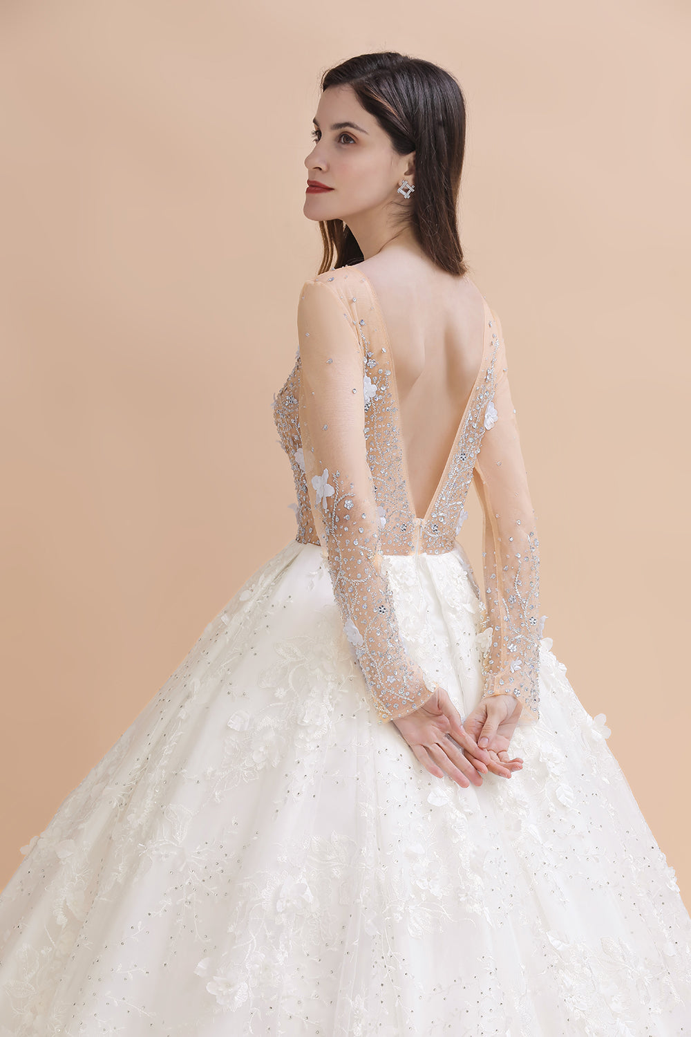 Charming Floral Lace Appliques Wedding Dress Gorgeous White Beads Bridal Gown-misshow.com