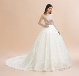 Charming Floral Lace Appliques Wedding Dress Gorgeous White Beads Bridal Gown-misshow.com