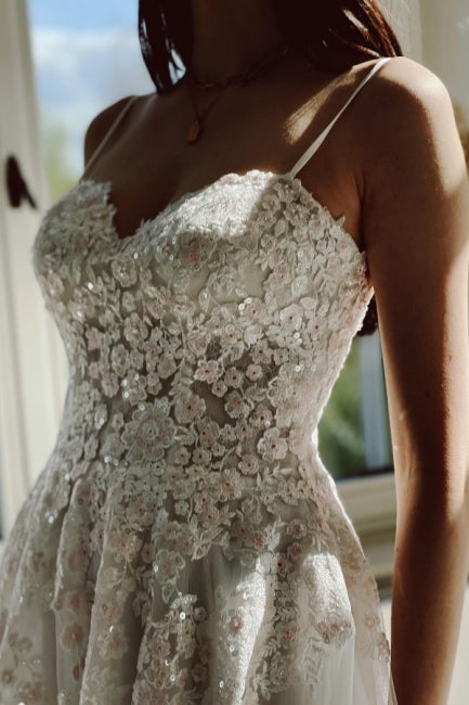Charming Garden Spaghetti Straps A-Line Lace Wedding Dress-misshow.com