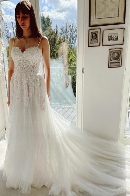 Charming Garden Spaghetti Straps A-Line Lace Wedding Dress-misshow.com