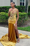 Charming Gold One Shoulder Floor Length Satin Lace Prom Dress with Appliques
