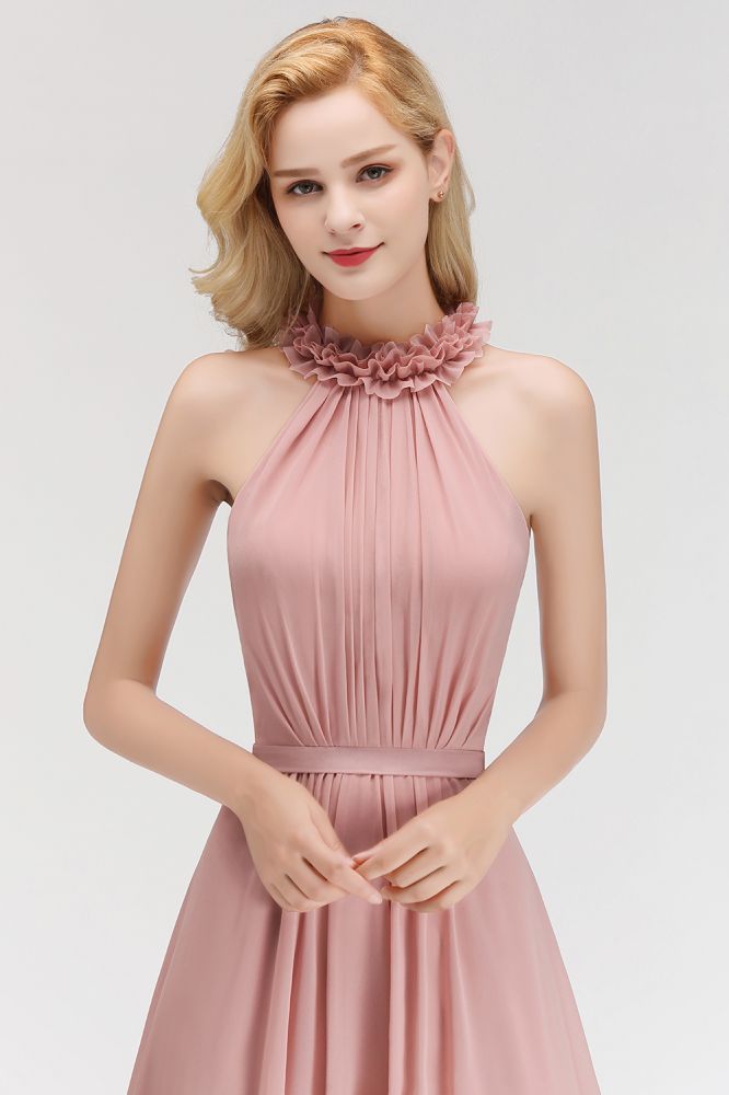Looking for Bridesmaid Dresses in 100D Chiffon, A-line style, and Gorgeous Ruffles work  MISSHOW has all covered on this elegant Charming Halter Sleeveless Ruffled Chiffon Bridesmaid Dresses Aline Evening Maxi Gown