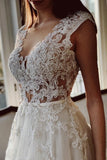 Charming Ivory A-Line Floor Length V-Neck Garden Lace Wedding Dress-misshow.com