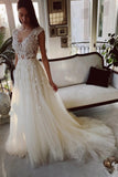 Charming Ivory A-Line Floor Length V-Neck Garden Lace Wedding Dress-misshow.com