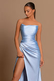 Charming Long Blue Satin Sleeveless Mermaid Prom Dress With Slit-misshow.com