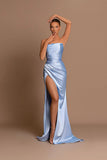 Charming Long Blue Satin Sleeveless Mermaid Prom Dress With Slit-misshow.com