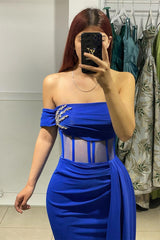 Charming Long Blue Strapless Column Prom Dress With Rhinestone-misshow.com