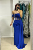 Charming Long Blue Strapless Column Prom Dress With Rhinestone-misshow.com