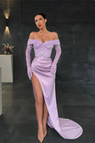 Charming Long Mermaid Off-the-shoulder Long Sleeves Lace Prom Dress With Slit-misshow.com