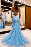 Charming Long Mermaid Spaghetti Straps Lace Sleeveless Prom Dress With Slit-misshow.com