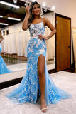 Charming Long Mermaid Spaghetti Straps Lace Sleeveless Prom Dress With Slit