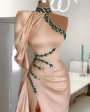 Charming Long One Shoulder Beading Long Sleeve Split Prom Dress With Train-misshow.com
