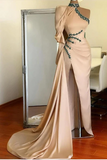 Charming Long One Shoulder Beading Long Sleeve Split Prom Dress With Train