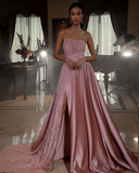 Charming Long Pink A-line Lace Sleeveless Prom Dress With Slit-misshow.com