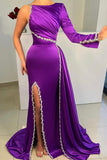 Charming Long Purple Satin Mermaid Prom Dresses With Rhinestone